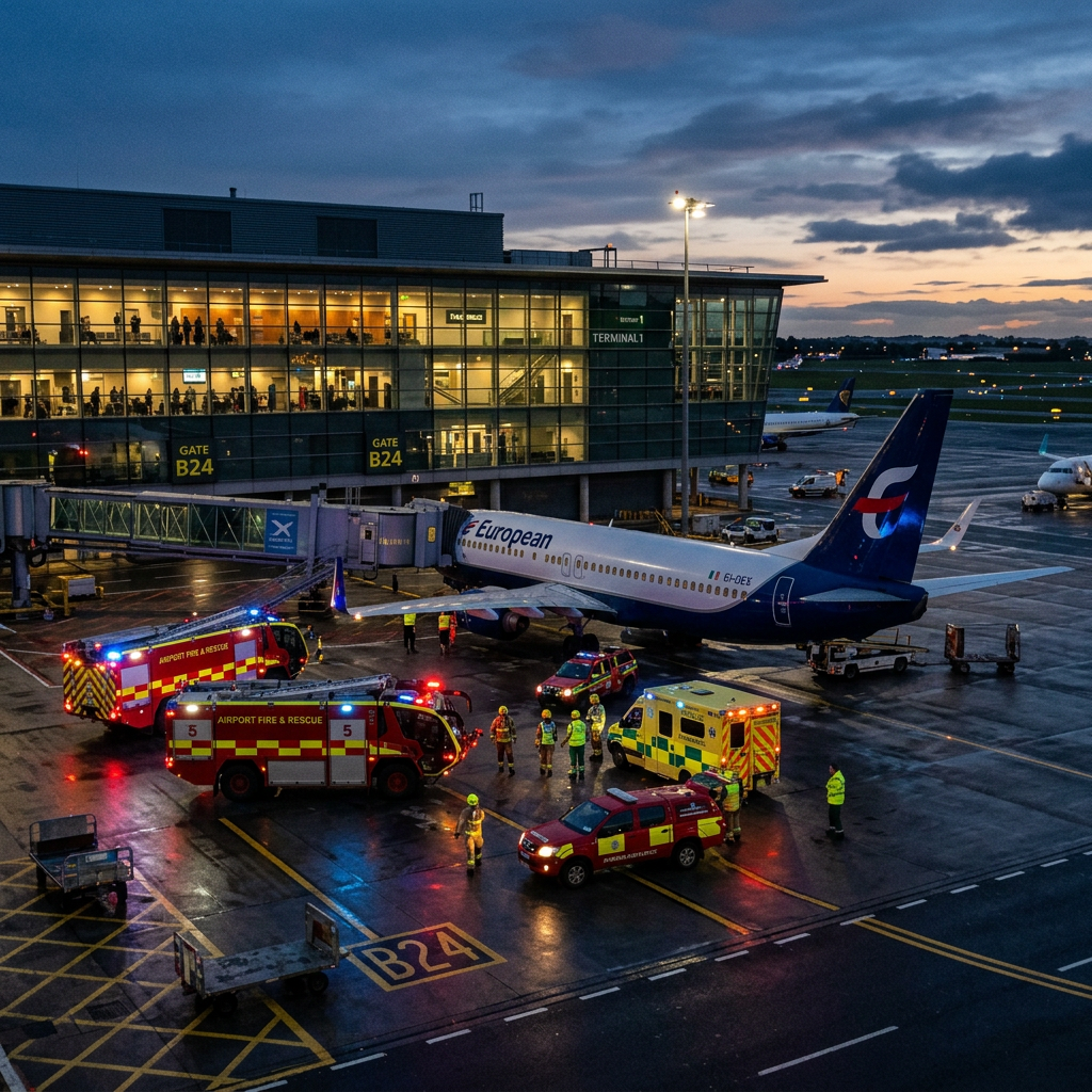Emergency vehicles and airport personnel gathered around a European airplane at gate B24
